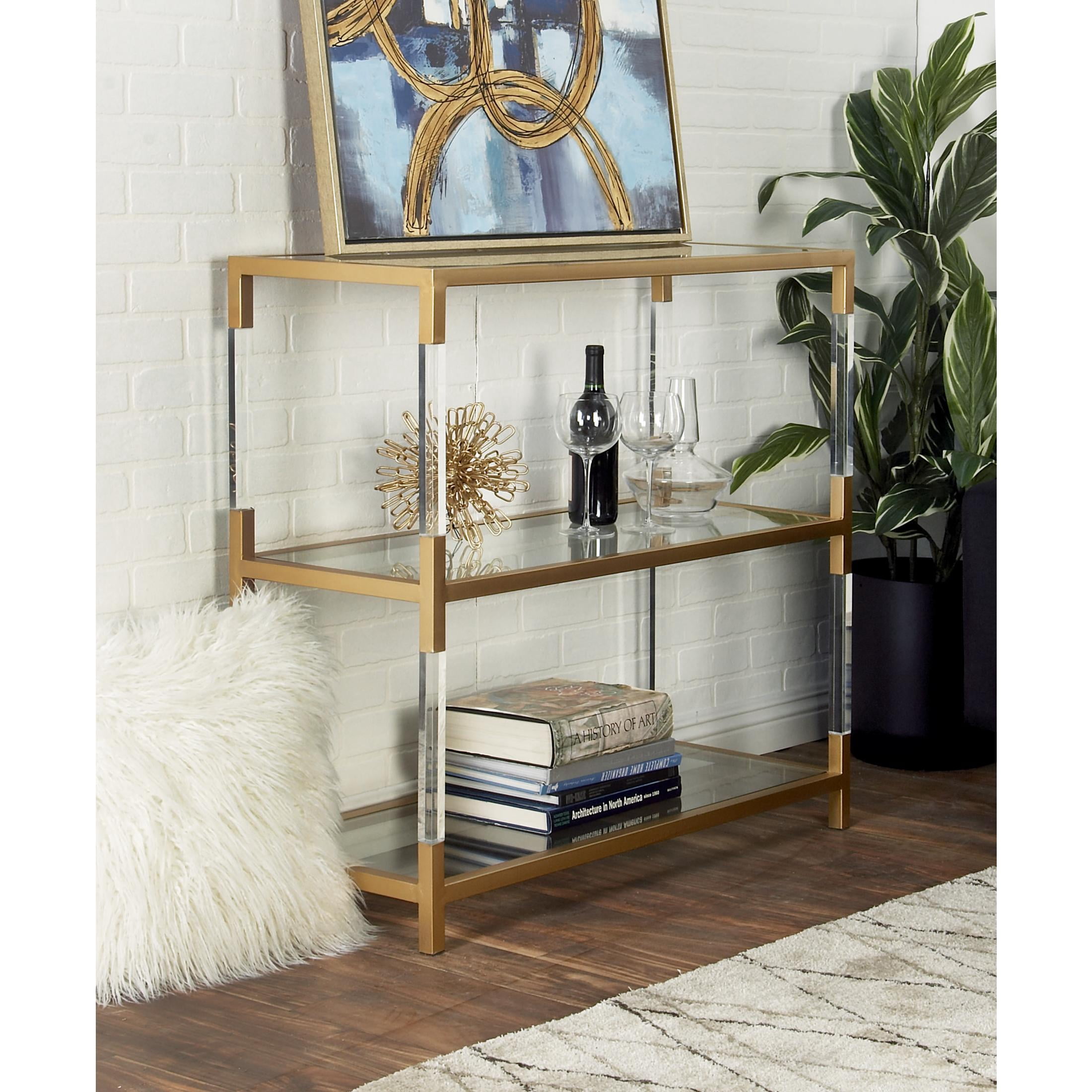 DecMode 38" x 36" Gold Metal 2 Shelf Console Table with Clear Glass Top and Acrylic Legs, 1-Piece