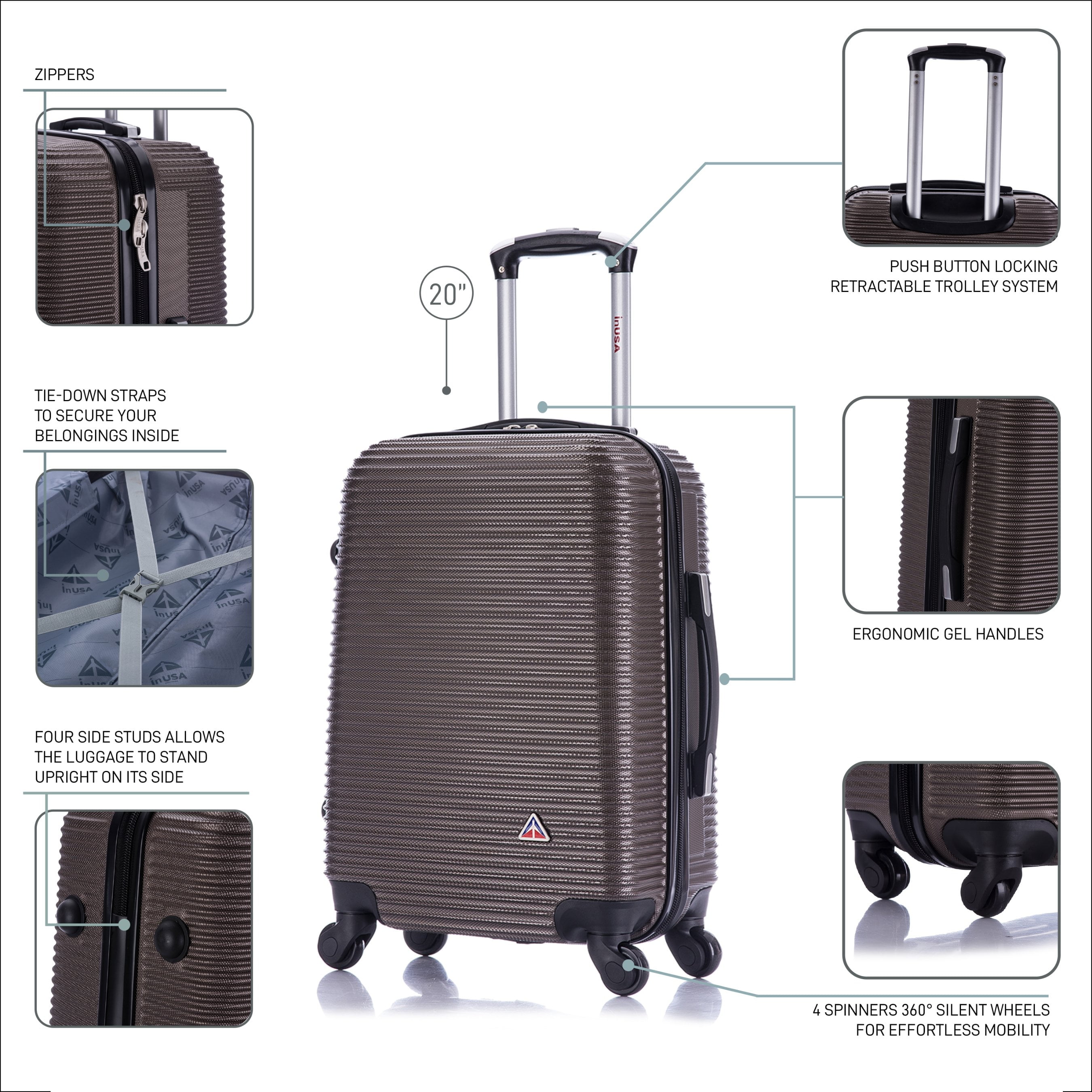 InUSA Royal 20" Hardside Lightweight Luggage with Spinner Wheels, Handle, and Trolley, Brown