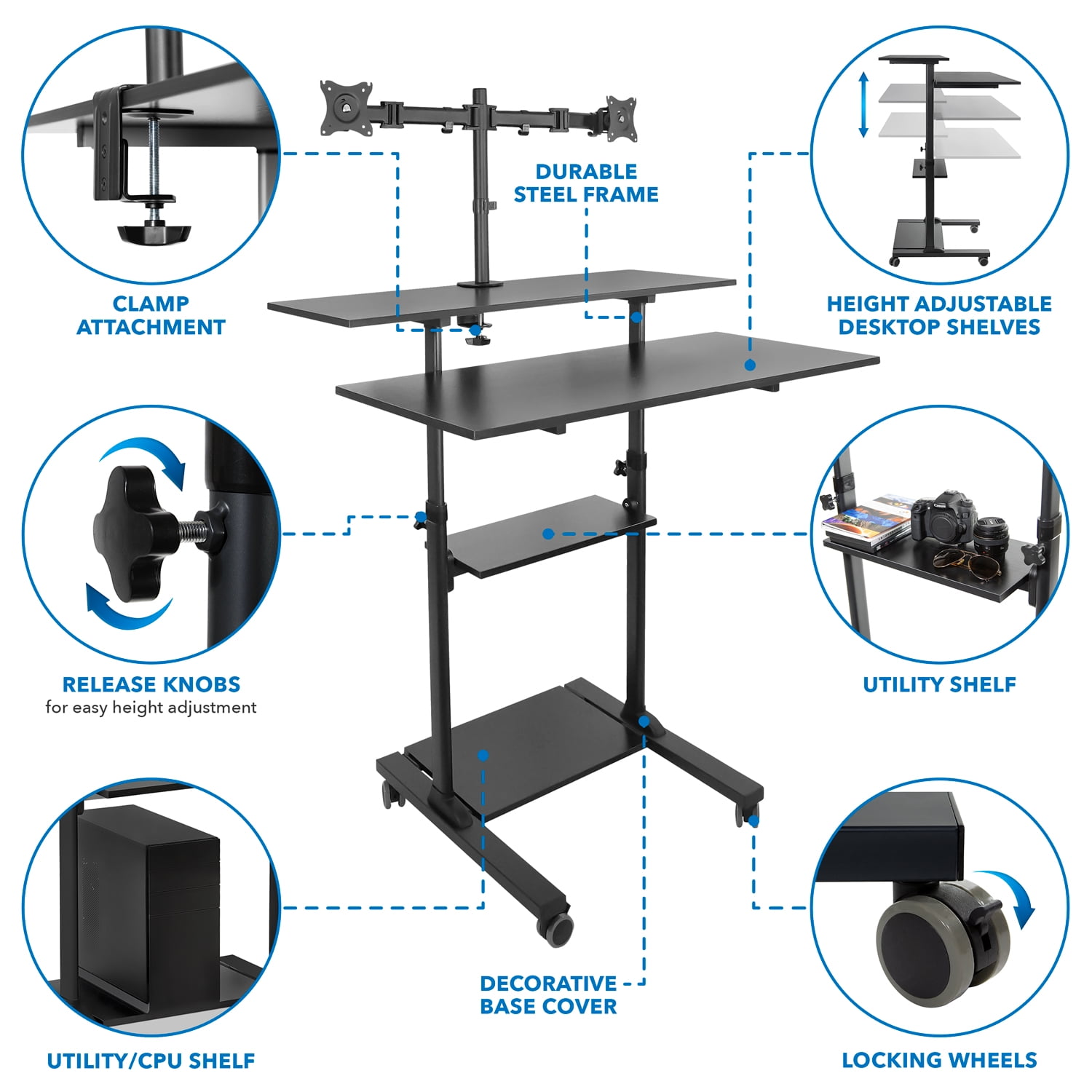 Mount-It! Mobile Standing Desk with Dual Monitor Mount 40-Inch Wide, Height Adjustable, Black