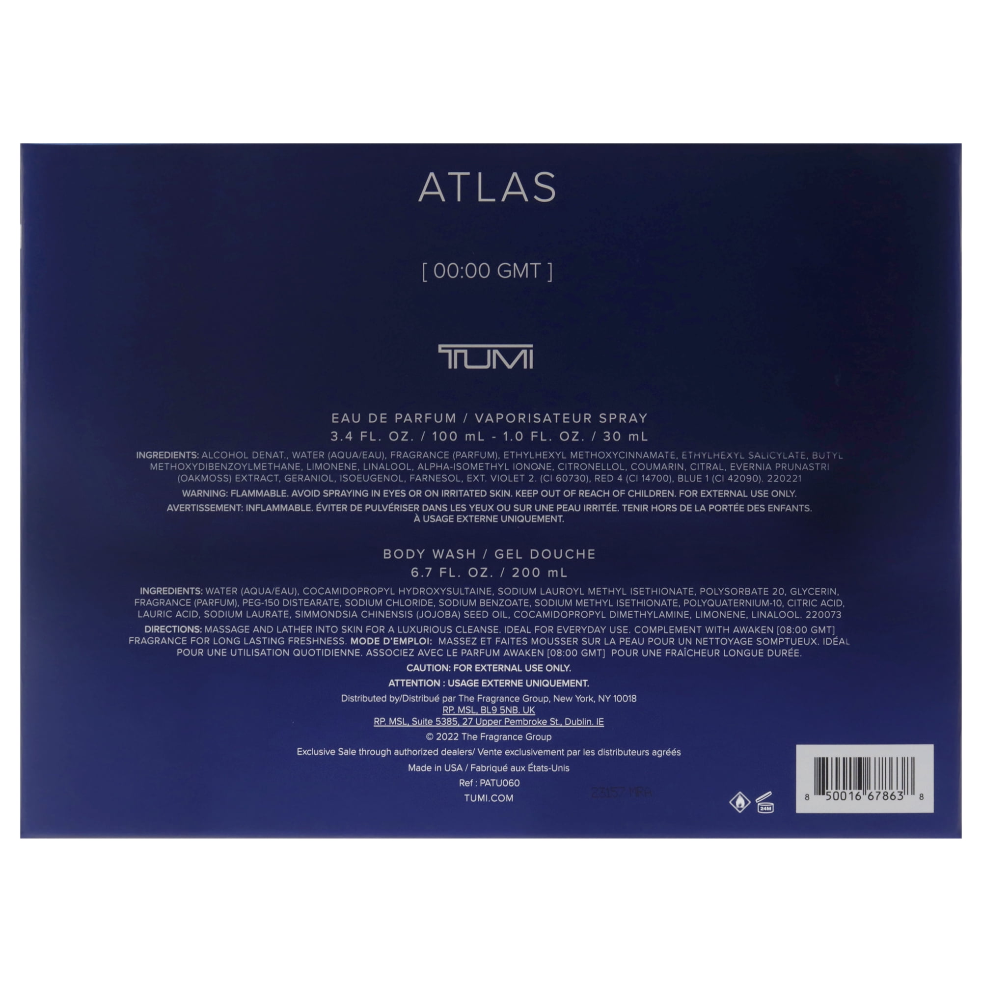 Tumi Atlas , 3 Pc Gift Set 3.4oz EDP Spray, 1oz EDP Spray, 6.7oz Body Wash