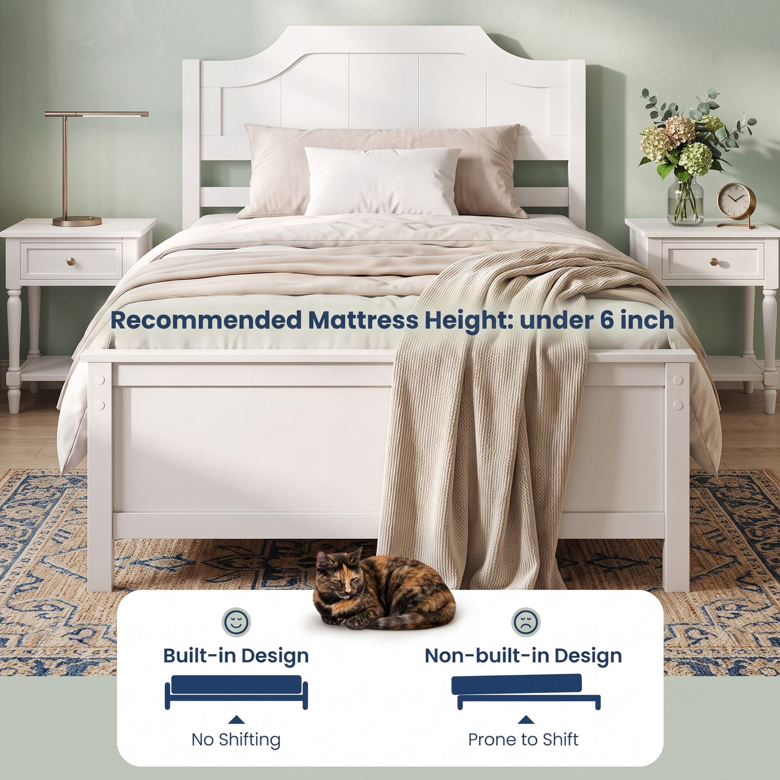 Furnibear Twin Bed Frame Solid Wood Platform Bed with Curved Headboard and Footboard, Wood Bed Frame with Headboard No Box Spring, White