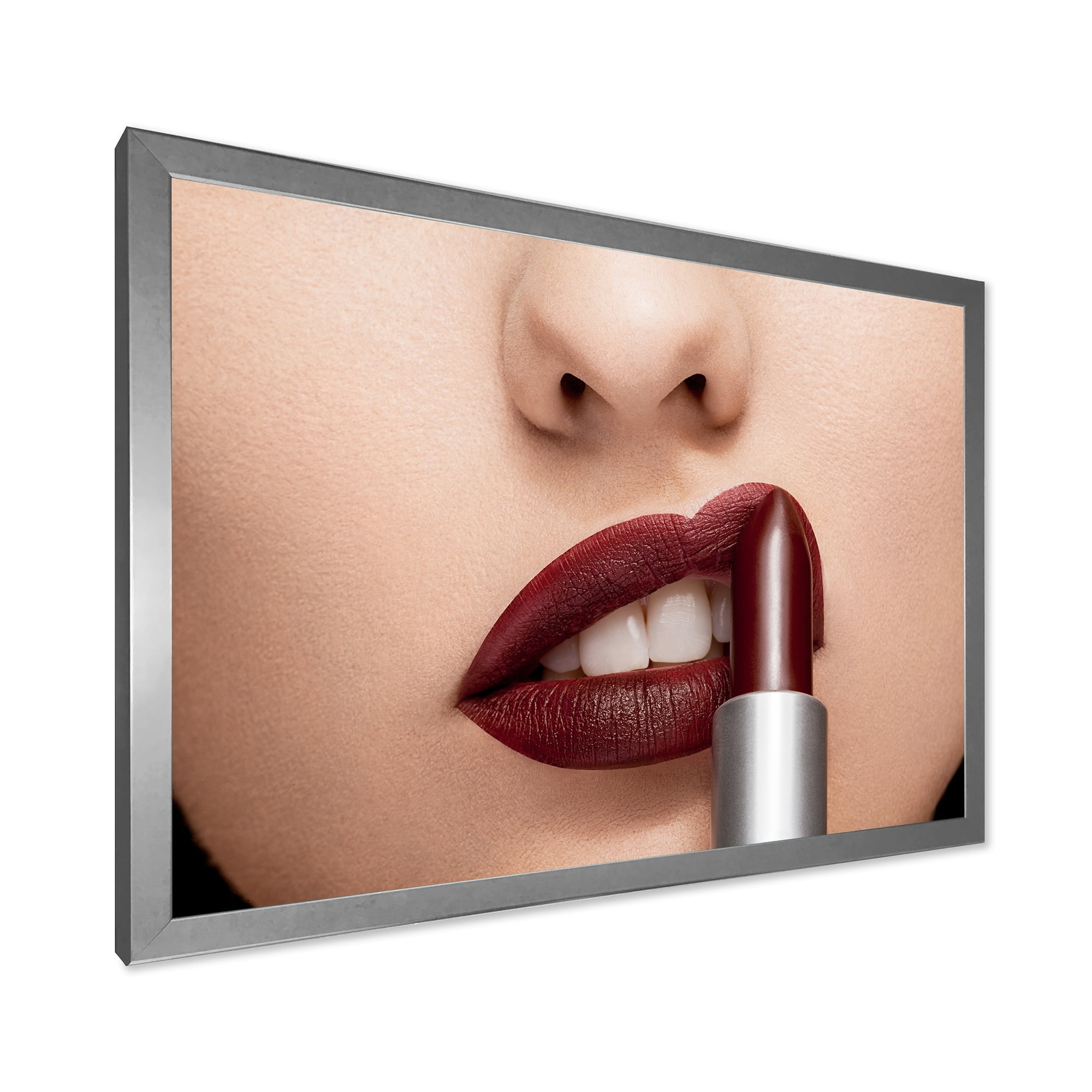 Designart 'Woman Applying Red Lipstick On Lips II' Modern Framed Art Print