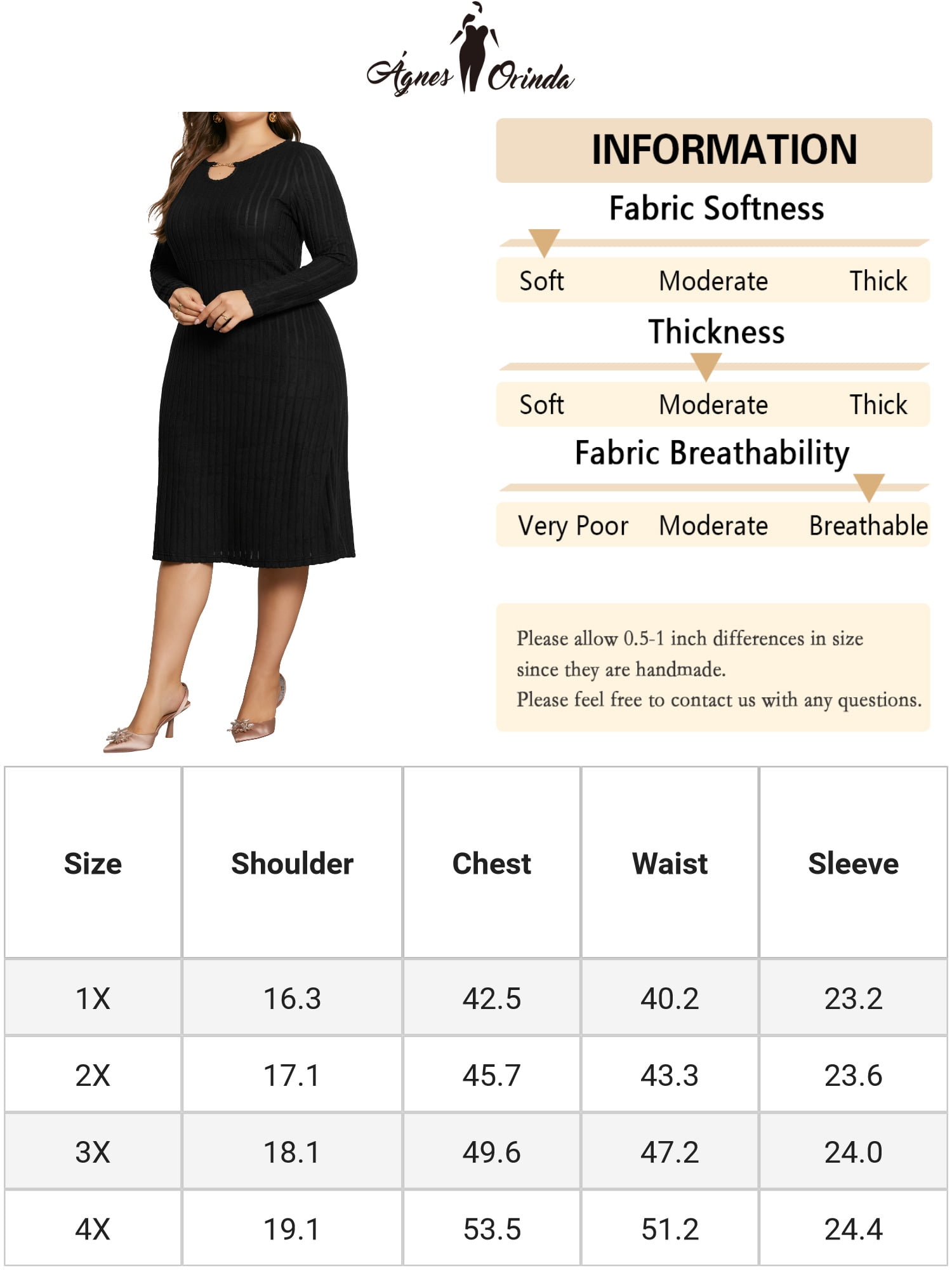 DARING DIVA Plus Size Ribbed Knit Long Sleeve Keyhole Crew Neck Dress 4X Black
