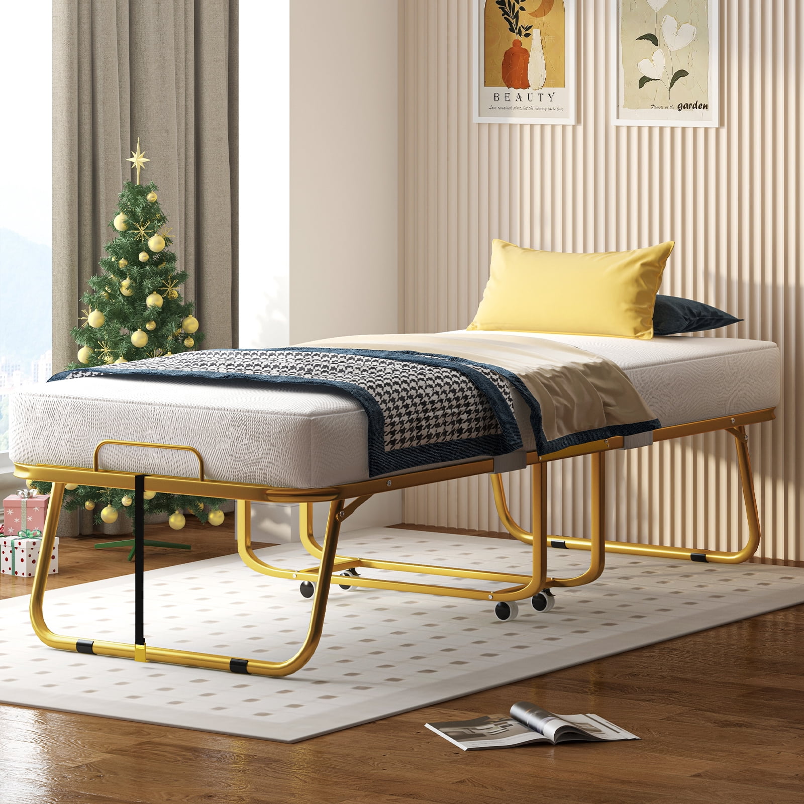 Mjkone Folding Bed with 4 Inch High Resilience Foam Mattress,Rollaway Bed Fold Up Bed for Guests,Portable Bed with Lockable Wheels for Adults,75 x 31,Gold