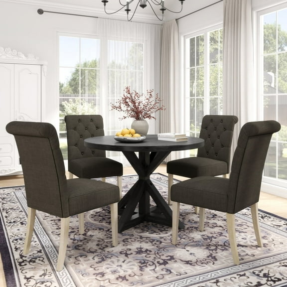 Newboti Banff 5-piece Dining Set, Cross-Buck Round Table with 4 Tufted Chairs, Charcoal 785057642490844