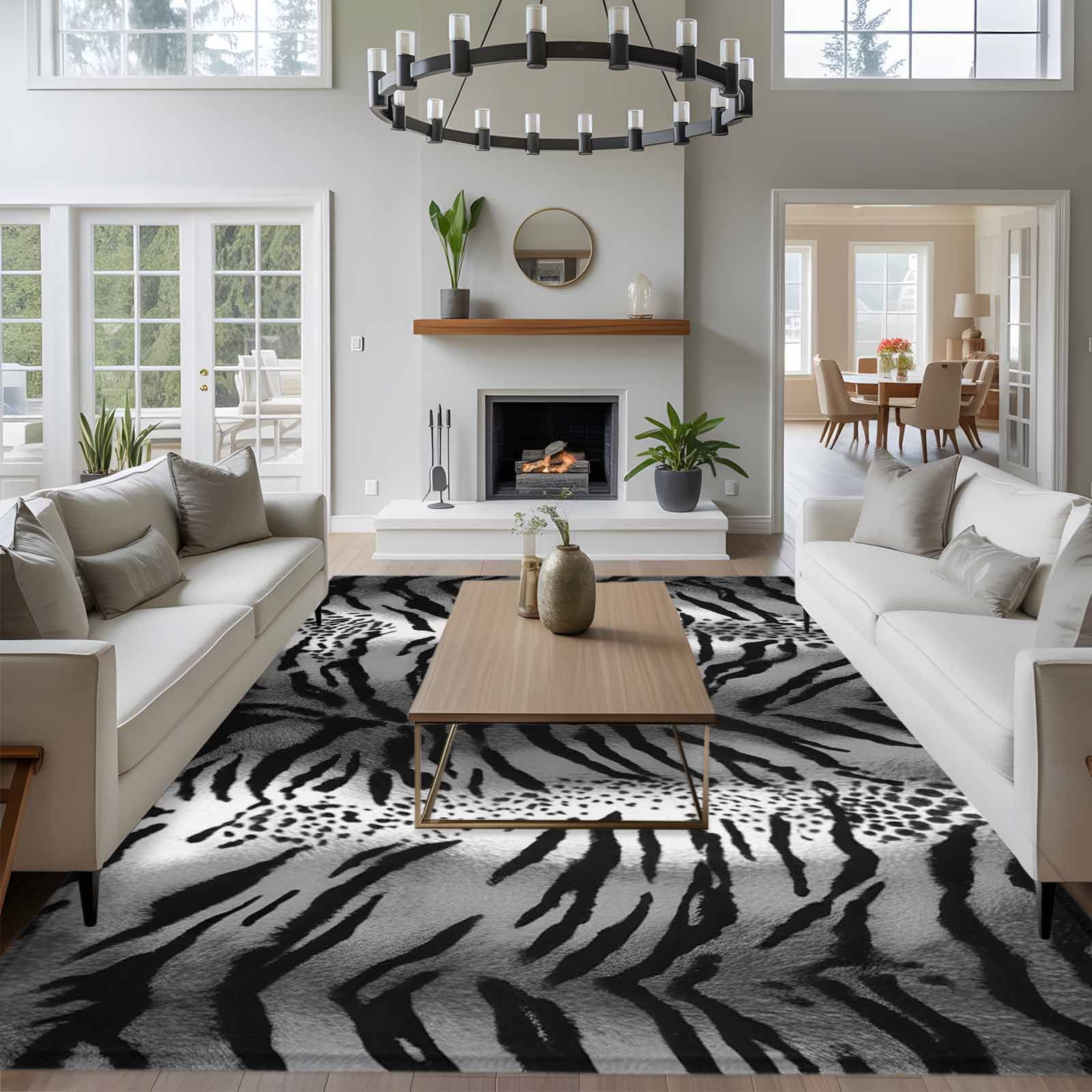 Leopard Stripes Area Rugs 8'x10', Washable Small Throw Rugs for Living Room Patio, Vintage Black White Animals Texture Indoor Outdoor Rug Non-Slip Low Pile Carpet Runner Reversible Floor Mats