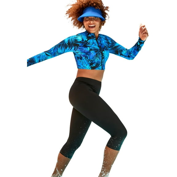 Swimsuits for All Long Sleeved Cropped Zip Tee Set With Capri