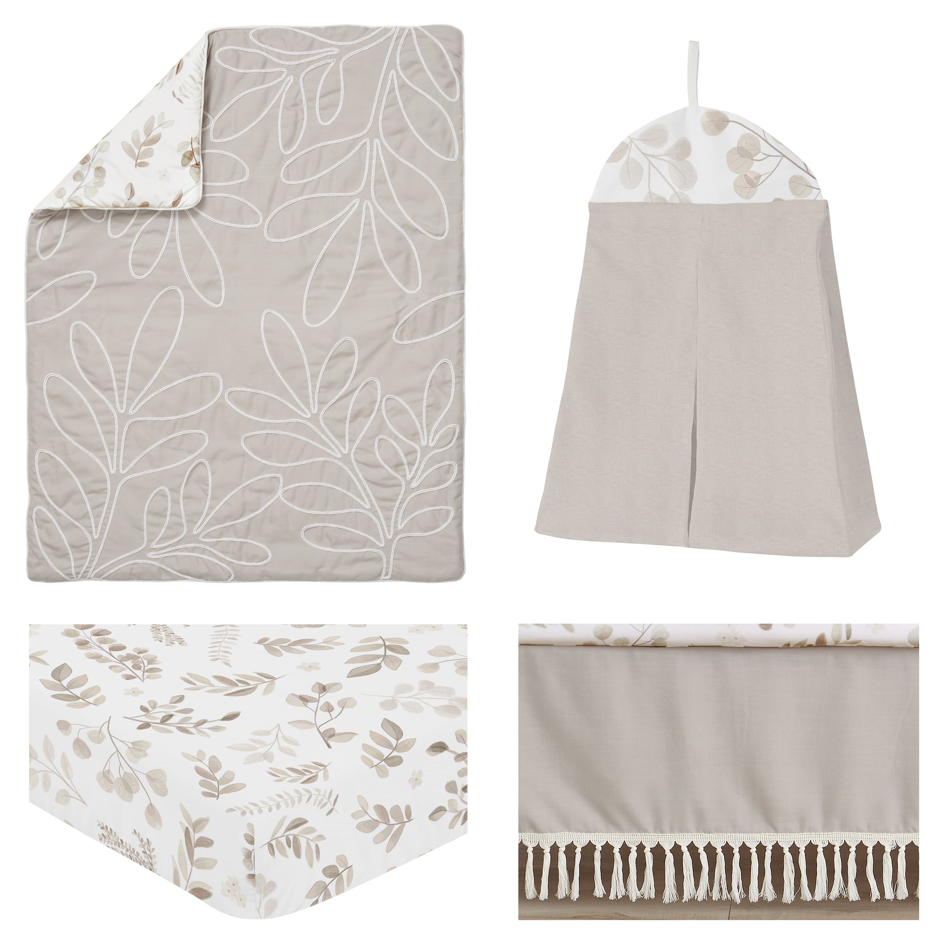 Sweet Jojo Designs Botanical Leaf Linen Beige Off White 4 Piece Crib Bedding Set