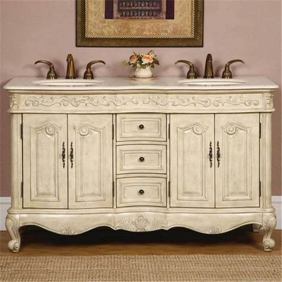 Traditional Cream Marfil Marble Bathroom Vanity- Double Sink - 58 in. Wide