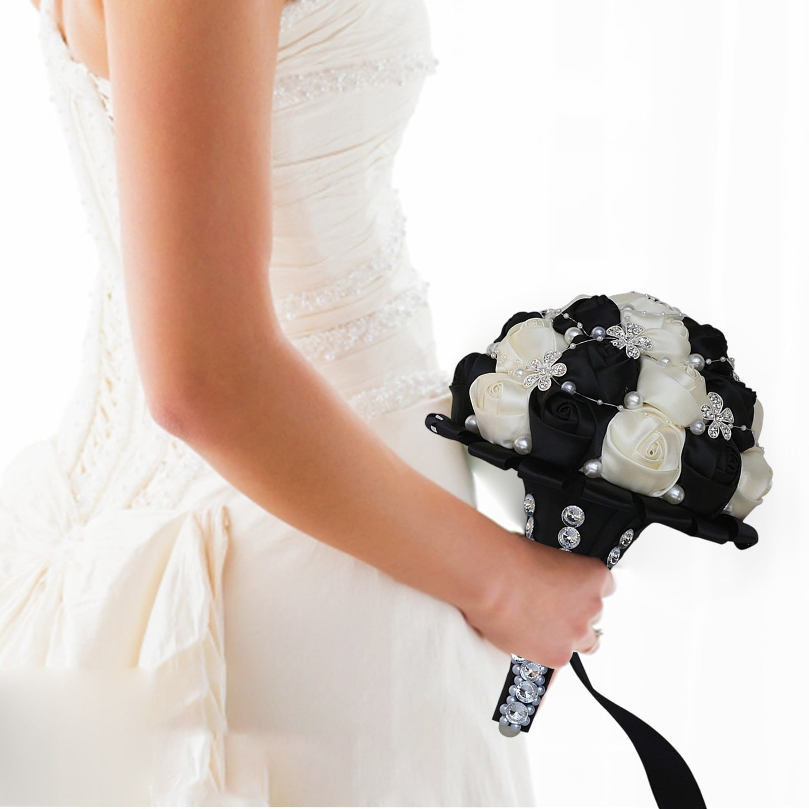 Royal Bridal Bouquet Handmade with Satin Roses & Pearls - Wedding Bouquet Holder for Bride and Bridesmaids, Rhinestone Wedding Flower Arrangements in Ivory White