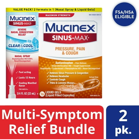 Mucinex Sinus-Max Maximum Strength Pressure, Pain & Cough Liquid Gels 16 count and Sinus-Max Severe Nasal Congestion Relief Clear & Cool Nasal Spray 3/4 FL OZ, Multi-Symptom Relief, Combo Value Pack