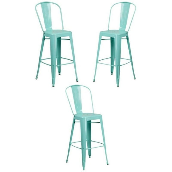 Home Square 30" Metal Curved Slat Back Bar Stool in Mint Green - Set of 3