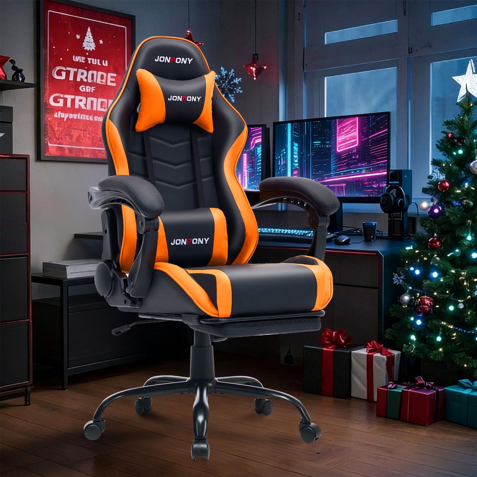 JONPONY Big and Tall 500LBS Gaming Chair, Ergonomic High Back Gamer Chair with Footrest Lumbar Support, PU Leather Office Computer Chair for Long Sitting, Orange