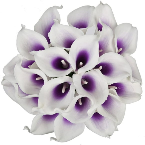 Calla Lily Bridal Wedding Bouquet Head Lataex Real Touch Flower Bouquets Pack of 20 (Purple White)