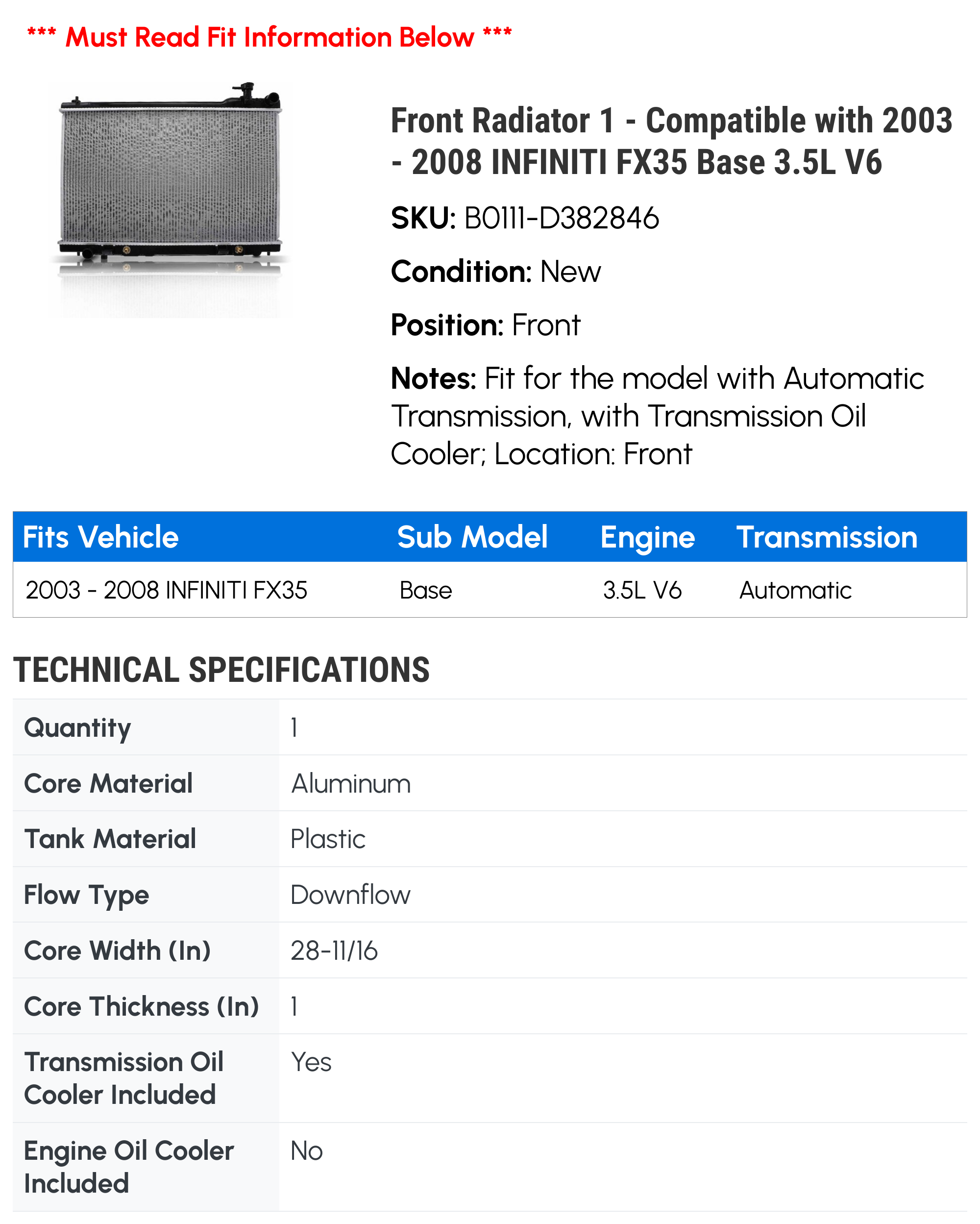 Autodayplus Aluminum/Plastic Radiator For Infiniti FX35 3.5L (2003-2006) – 1-Row Core