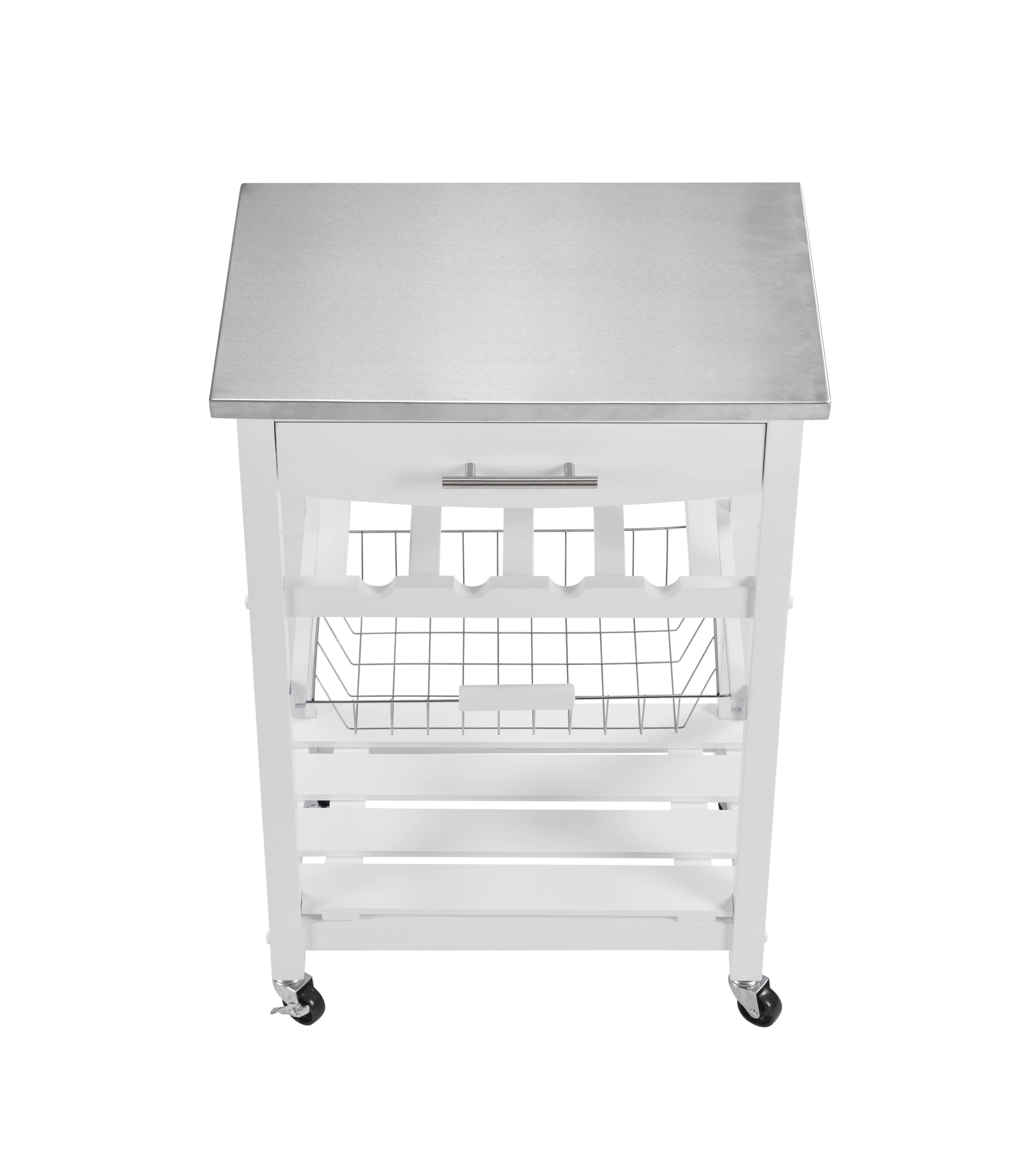 Mobile Rolling Kitchen Island with Stainless Steel Top, Drawer & Storage Basket