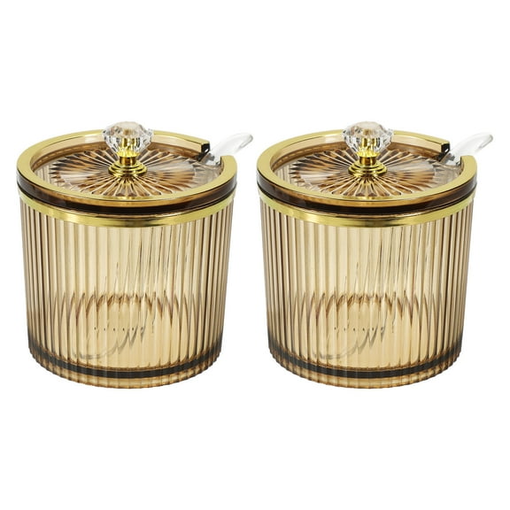 Uxcell 2 Pcs Qtip Holder Dispenser, 8.8oz Plastic Kitchen Seasoning Jar Set Bathroom Canister Storage Organization with Lid and Spoon for Organization Home Restaurant, Amber