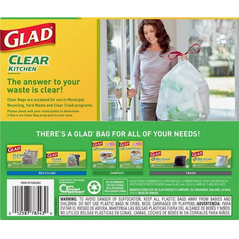Clorox Professional 78543 Glad® Clear Recycling Tall Kitchen Trash Bags,  Clear, Drawstring, 13 gal, 45/Box