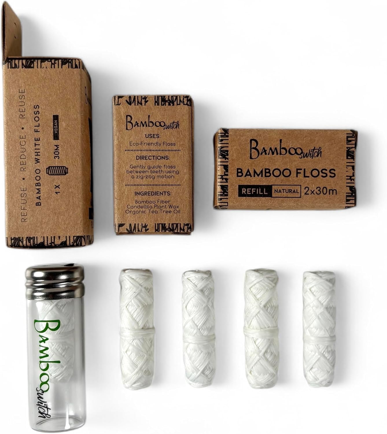 Bamboo White Dental Floss Kit (5 Spools + Glass Jar), Eco-Friendly, Mint Bamboo Fiber, Vegan, Plastic-Free
