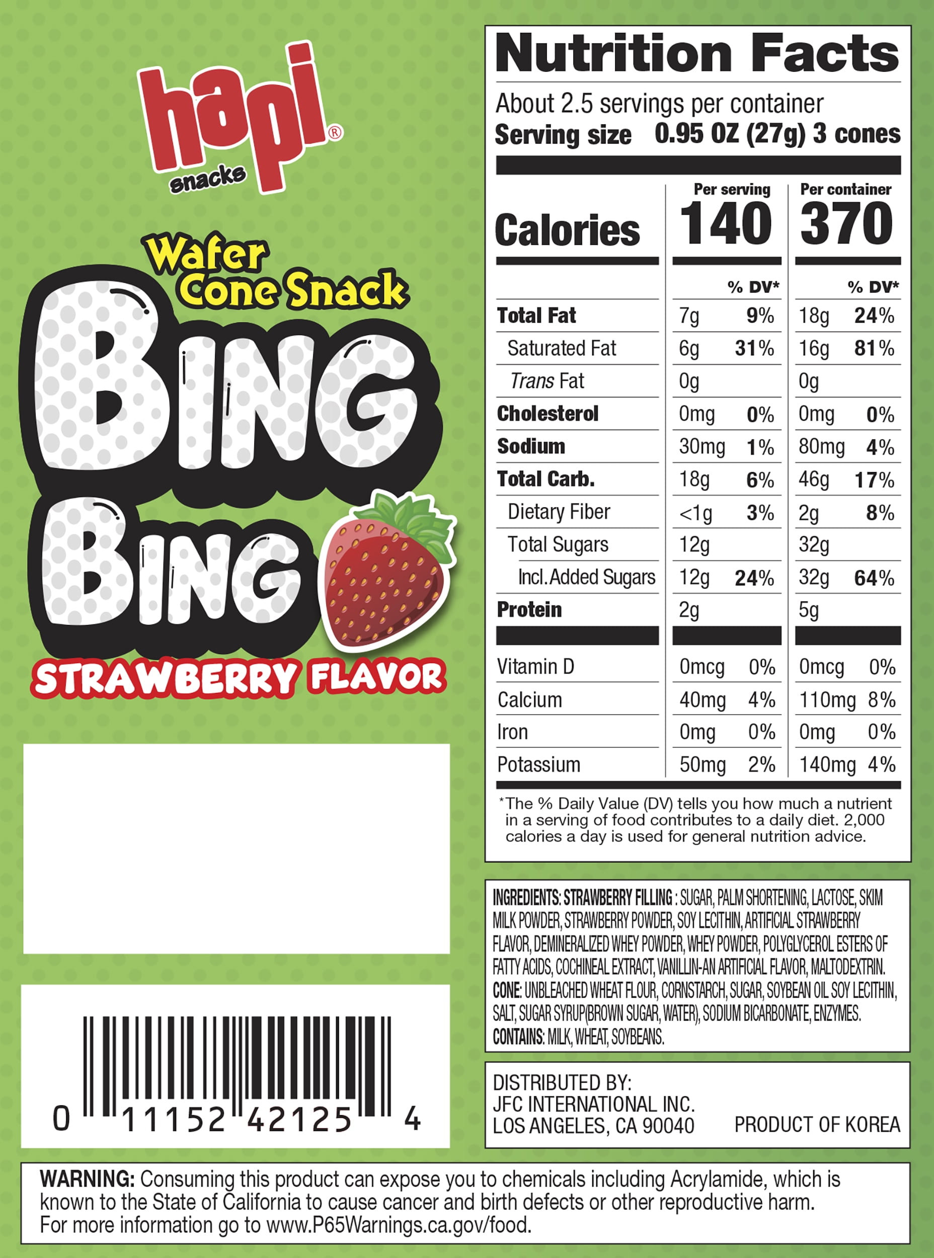 (5 pack) Hapi Bing Bing Wafer Cone Snack | Strawberry 2.5 oz