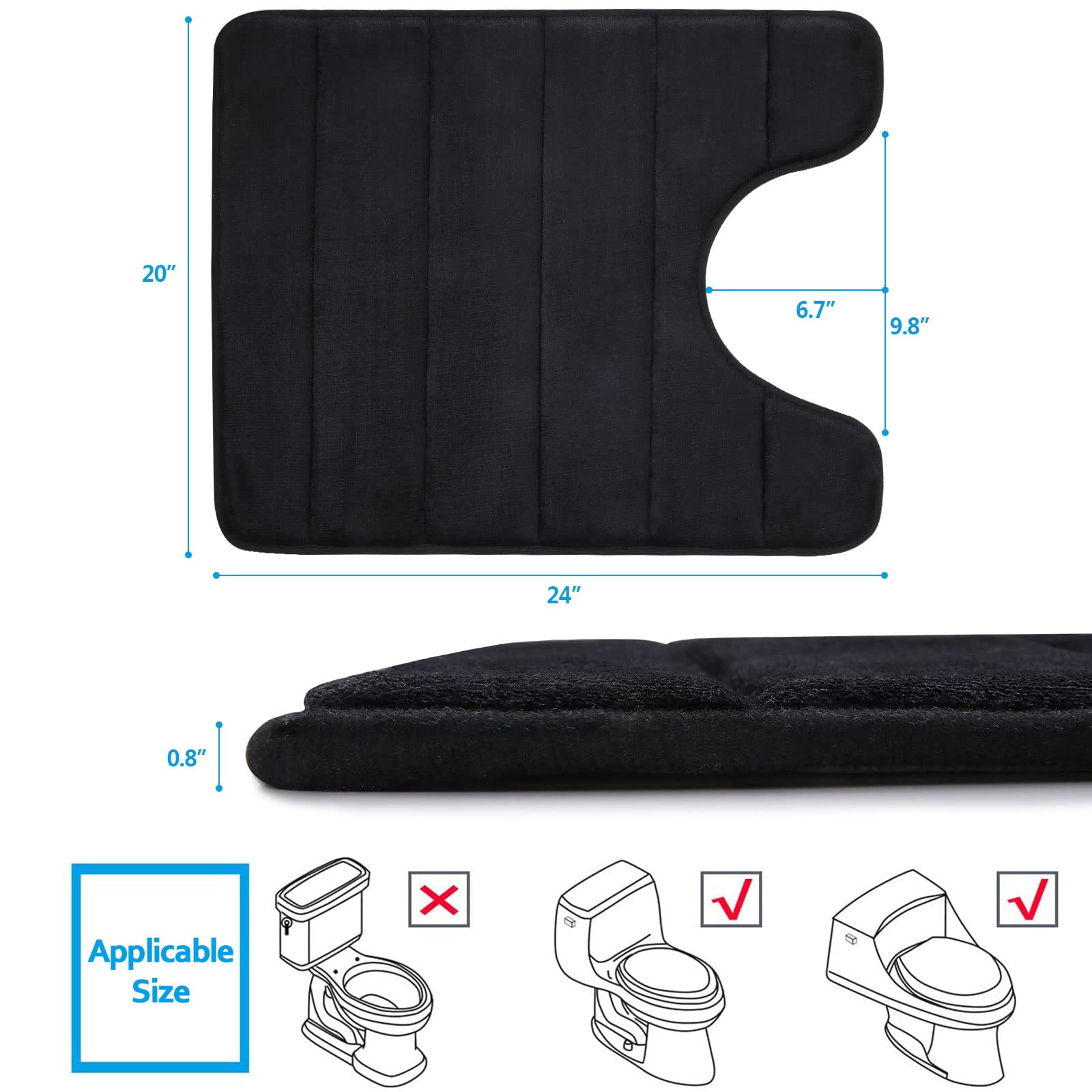 Smiry Memory Foam Bathroom rugs Toilet mats, U-Shaped Contour Carpet, 20" x 24", Black