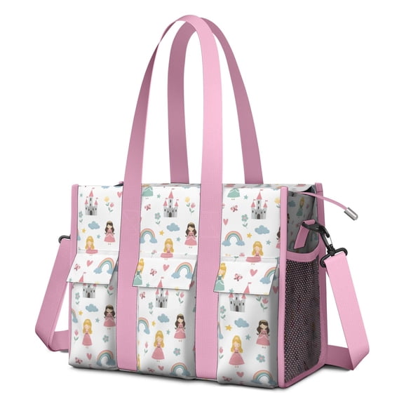 Teacher Tote Bag,Rainbow Princess Castle Pattern Teacher Utility Tote Bag,Large Work Tote Bags for Women with Multiple Pockets,Top Zipper Closure,13.8x10.6x6.7 Inch