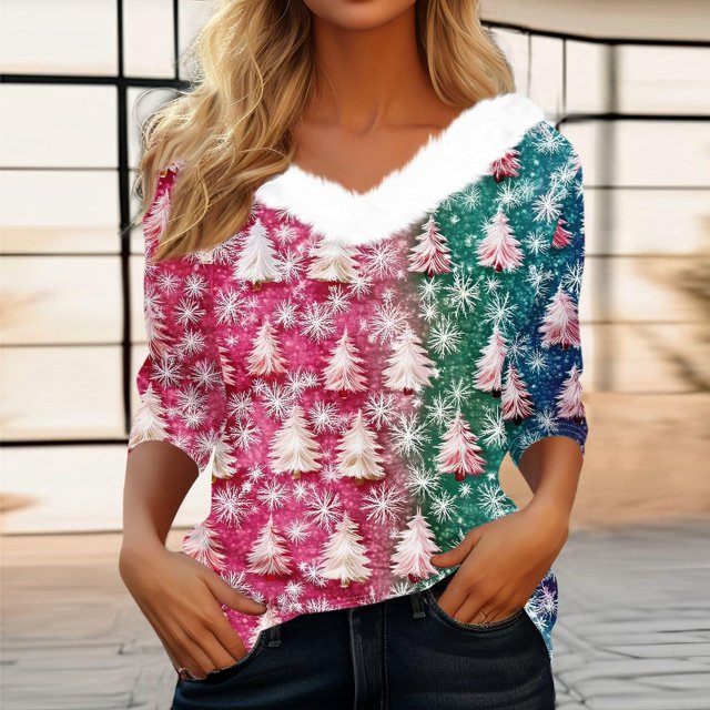 MHFRRA Camiseta de Manga Larga con Cuello Estampado y Ribete para Fiesta Festiva Rosa Fuerte