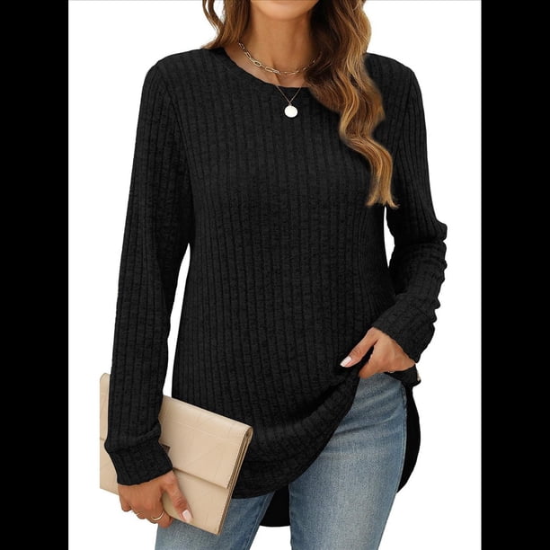 Suéteres de Moda para Mujer, Tops de Larga, Ropa de Otoño, Camisetas y Blusas de Moda. Negro L