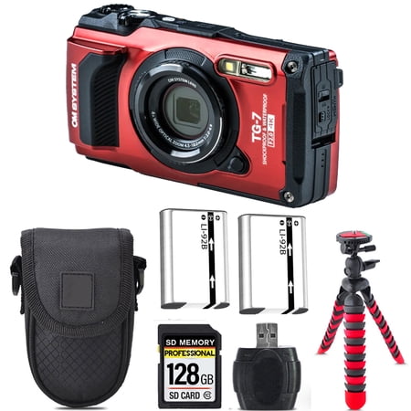 Olympus OM SYSTEM Tough TG-7 Digital Camera (Red) + Extra Battery +Tripod + Case -128GB Kit (International Version)