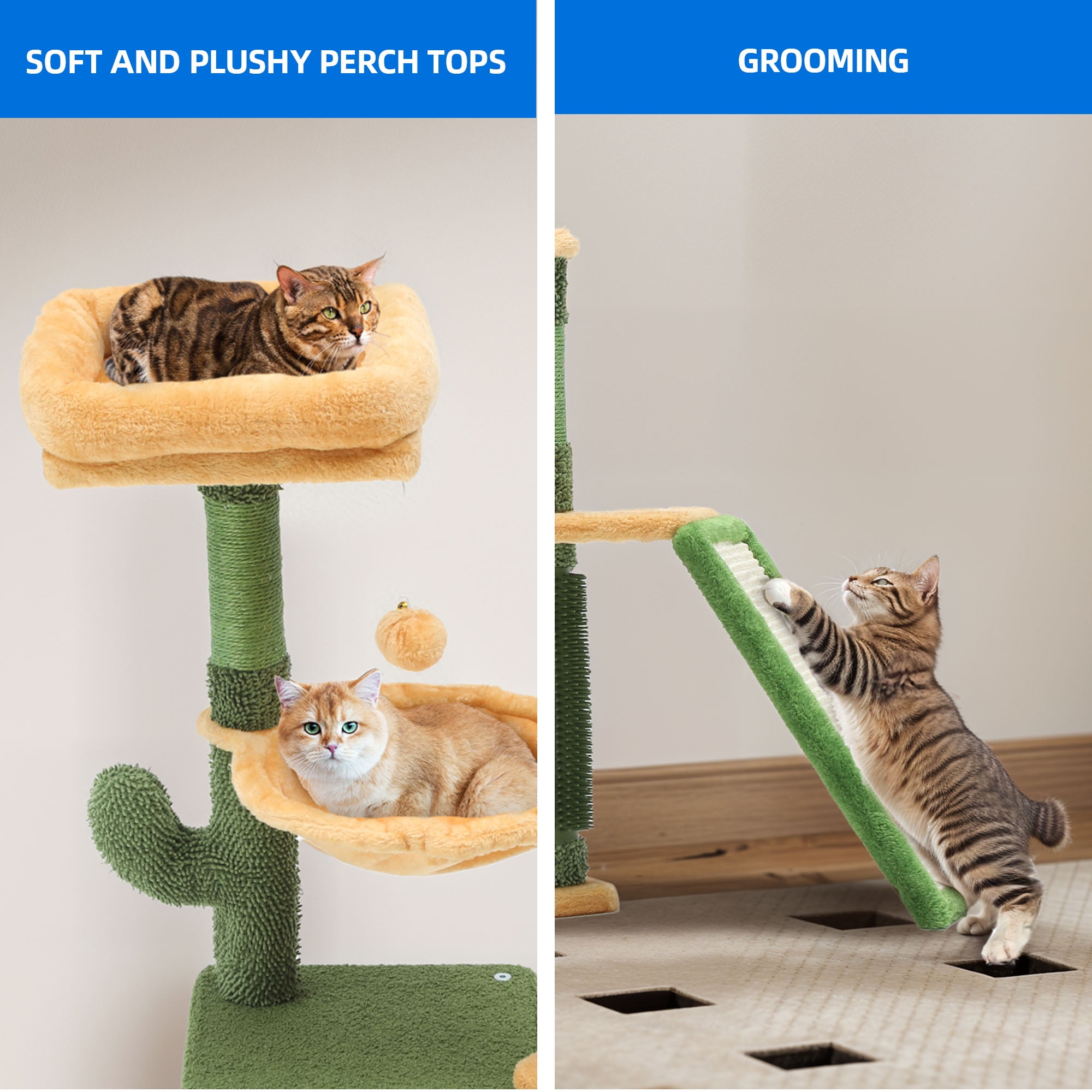 Dextrus 37" Tall Cactus Cat Tree Tower,Indoor Cat Condo with Self-Grooming Brush, Plush Platform, Hammock, Sisal Scratching Posts, and Toy Balls,Green