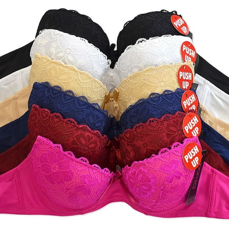 Lace Three Quarter Cup Bra - MaMia Women's Full Cup Push Up Lace Bras (Pack of 6)