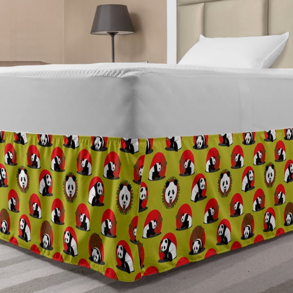 Panda Bed Skirt, Japanese Animal with Bamboo Sticks Pattern, Elastic Bedskirt Dust Ruffle Wrap Around for Bedding Decor, 4 Sizes, Yellow Green Vermilion, by Ambesonne
