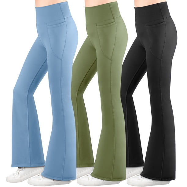 BIG ELEPHANT 3 Packs de Leggings Acampanados para Niña con Bolsillos Laterales, Pantalones Acampanados de Cintura Alta para Baile