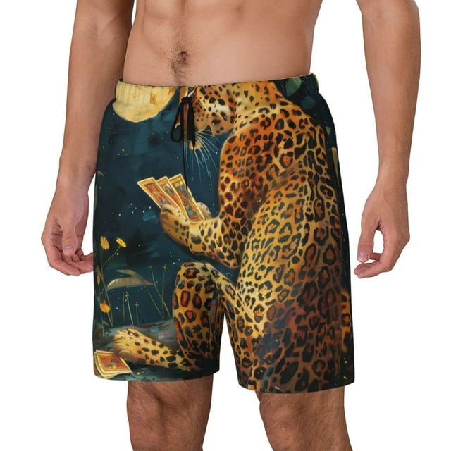Balery Leopard Reading Tarot Cards Bañador para hombre, shorts de playa de secado rápido con entrepierna y forro de compresión-X-Large