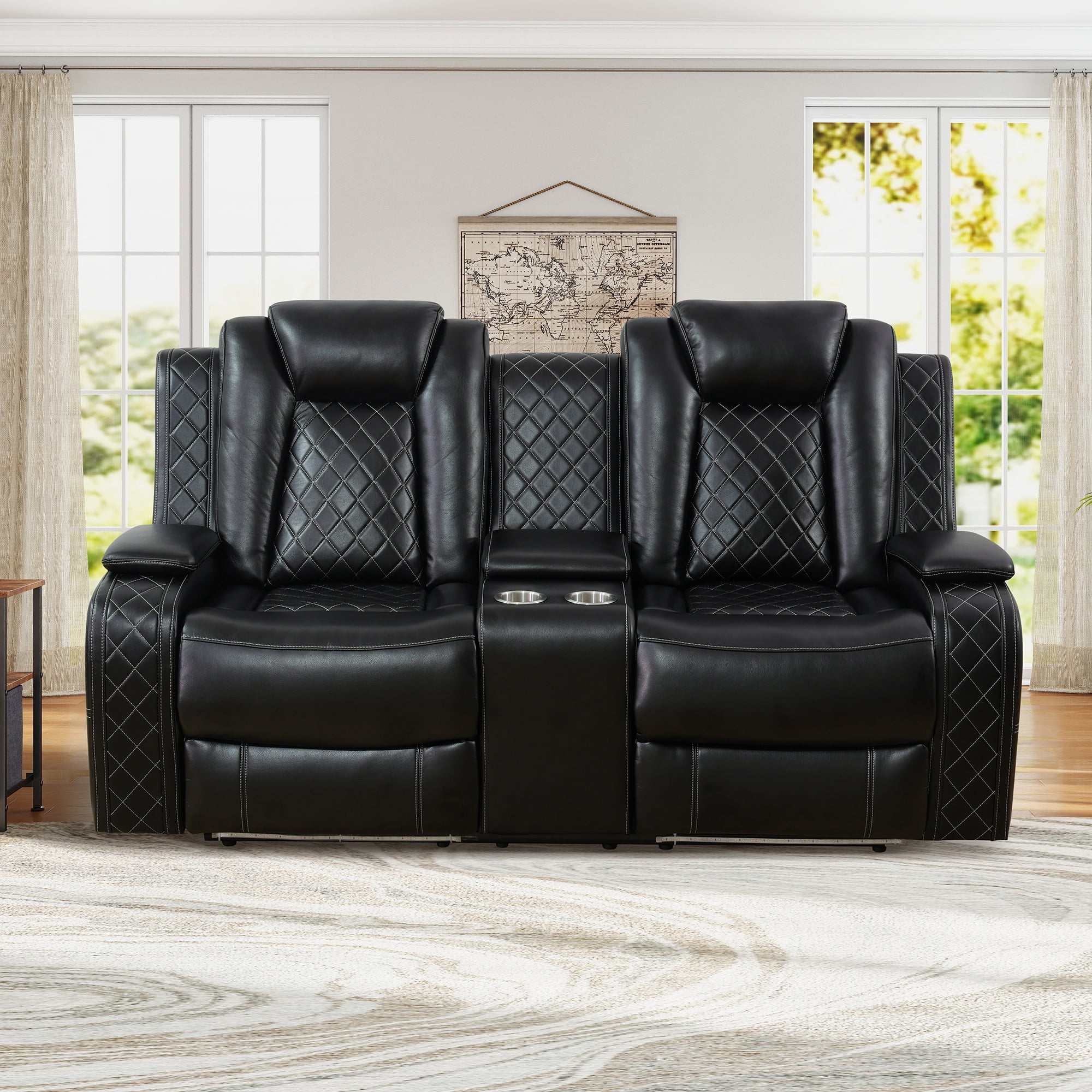 Aukfa 2-Seater Power Recliner Sofa with Cup Holders, USB Charging & Hidden Storage, Modern Electric Loveseat for Living Room Home Theater,Black