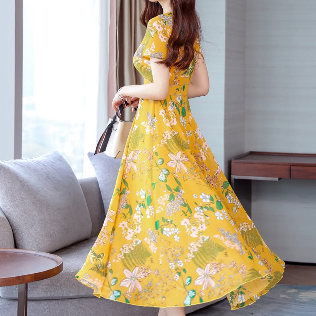Giftesty Women Dresses Clearance Women Summer Grace Mid Calf Short Sleeve Beach Printing Dress Walmart Com