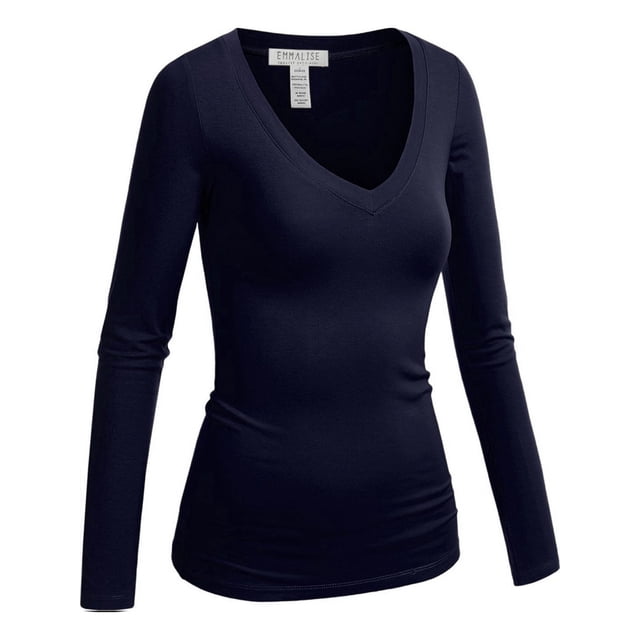 Emmalise Camiseta básica informal con cuello en V y manga larga para mujer - Azul marino 1XL