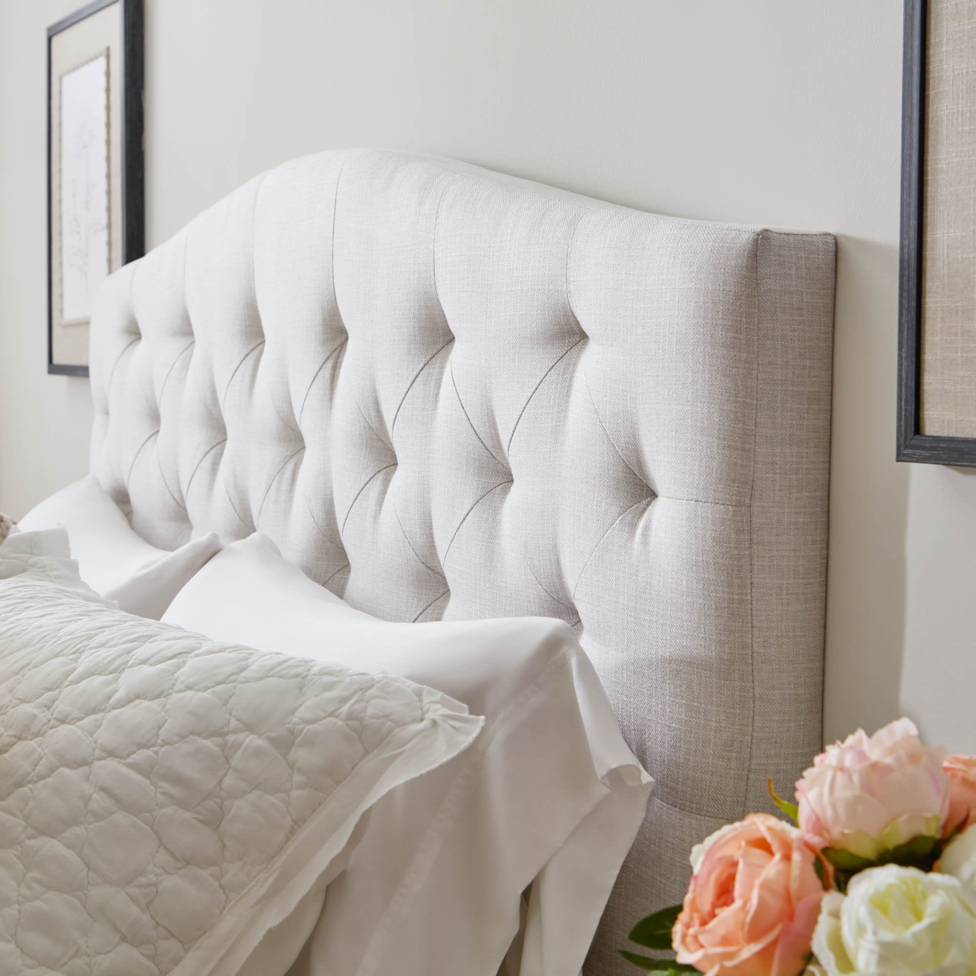 My Texas House Anna King Diamond Tufted Upholstered Slat Bed with Hardware, Cream