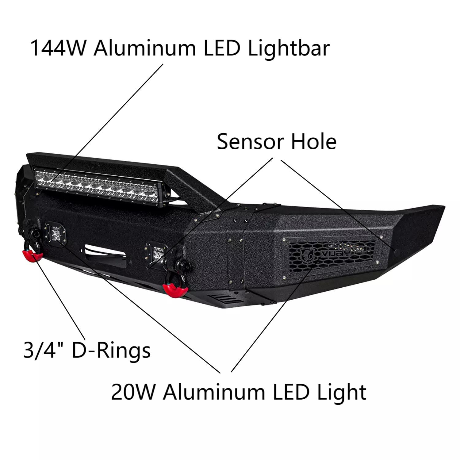 Vijay Compatible with 2008-2009-2010 Ford F250/F350 Front Bumper Textured Black Steel with Light and D-ring