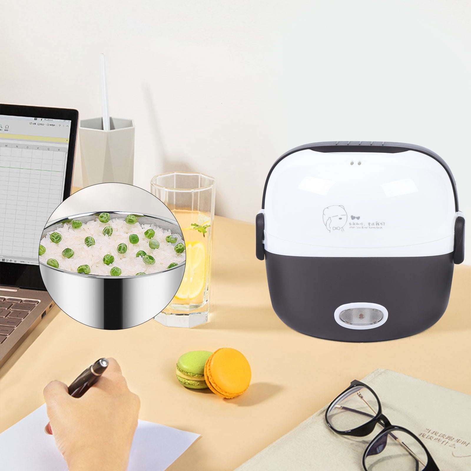 1.3L Electric Lunch Box Steamer Pot Rice Cooker 200w Food Warmer Portable Electric Lunch Box with Stainless Steel Bowls and Measuring Cup