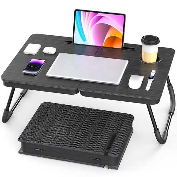 Portable Foldable Laptop Desk for Bed and Couch, Adjustable Lap Desk with Cup Holder and Phone Holder, Ideal for Working, Reading, Writing, and Breakfast (Black)