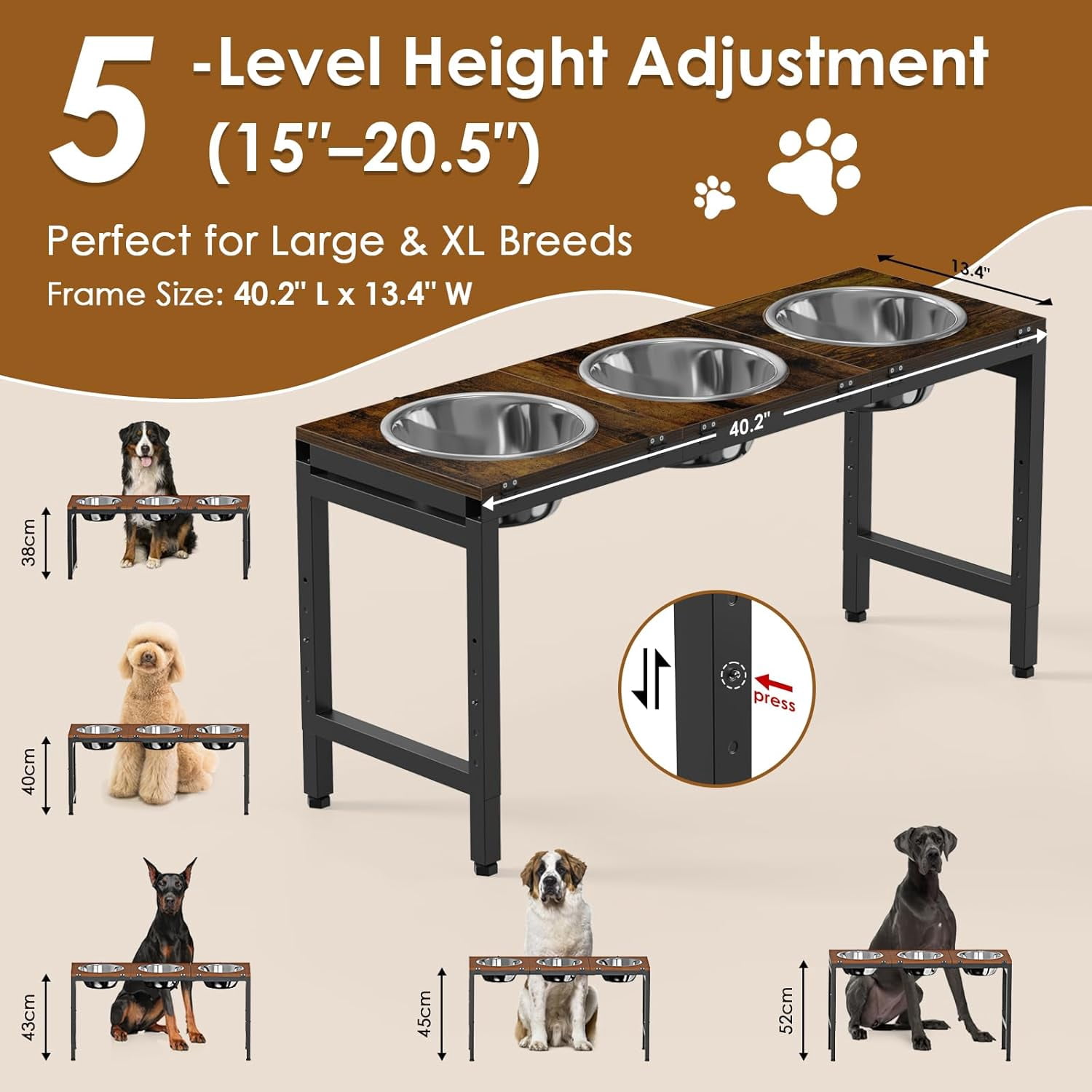 Flymer Adjustable Elevated Dog Bowls Stand for Large Dogs - 15'' to 20.5'' Height Triple Bowl Feeder with Wood Trays & Bowls (3500ML Capacity)