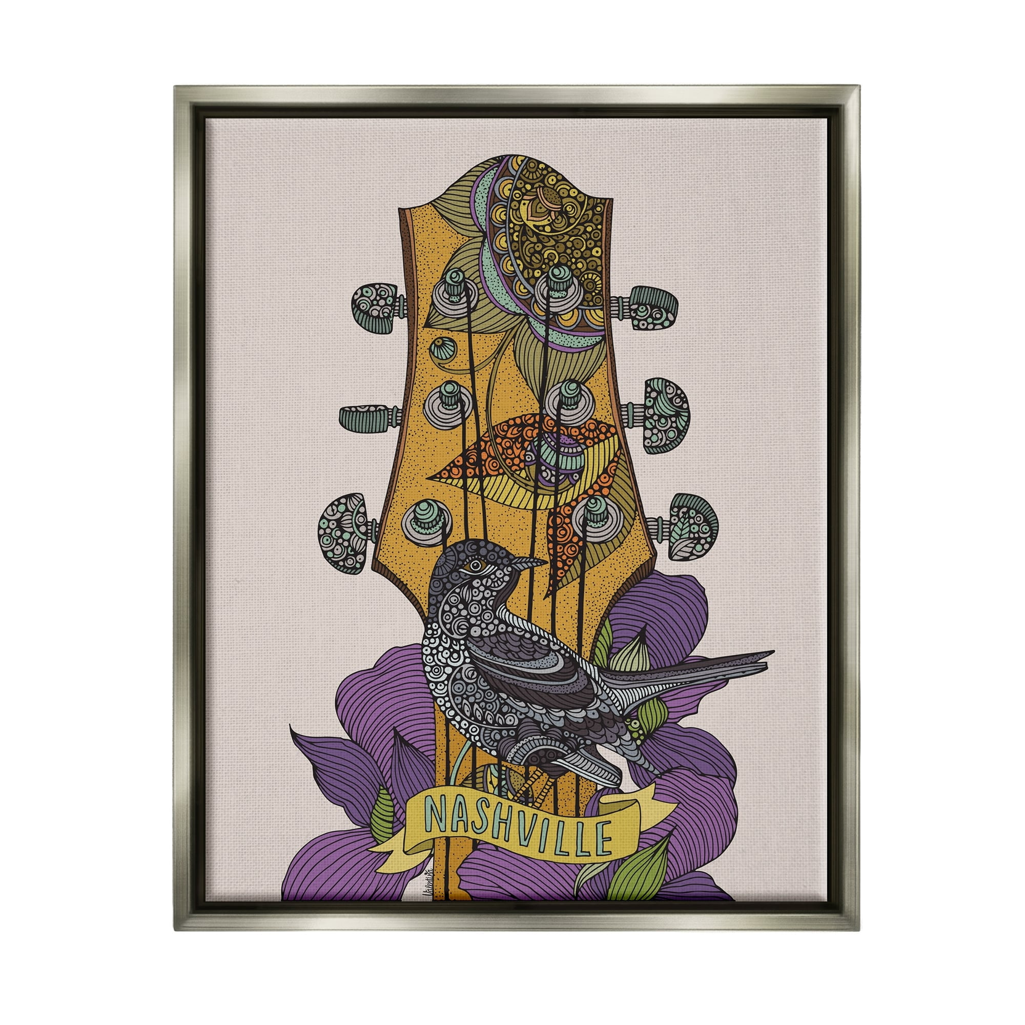 Stupell Industries Intricate Nashville Guitar Floral Patterned Bird Perched Graphic Art Luster Gray Floating Framed Canvas Print Wall Art, Design by Valentina Harper