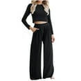 thumbnail image 2 of successthop 2 Piece Set Outfit for Women Summer Solid Color Croped Crewneck Long Sleeve Shirts and Wide Leg Long Pants Comfy Trendy Pajamas Lounge Set Loungewear Summer Outfits, 2 of 9