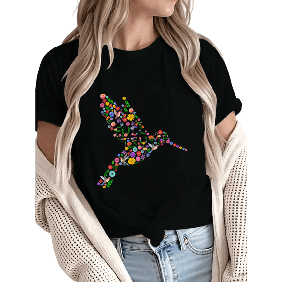 Women Colorful Floral Hummingbird Nature Graphic Comfortable Tees T Shirt Tops Round-neck Printed Cotton T-Shirt Black S-5XL