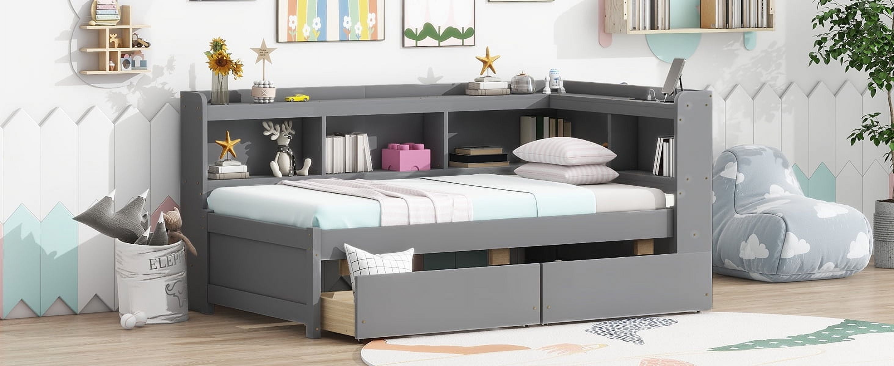 Sailvan Twin Size L-shaped Bookcases Bed with Power Outlets, USB Charging Ports,Two Drawers