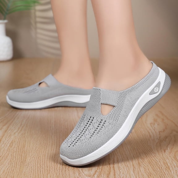 XUNKUSGA Shoes for Women Breathable Mesh Slip On Shoes Women Lightweight Non-Slip Arch Support Walking Shoes Women Classic Soft Sole Backless Mules for Women,Gray,5.5