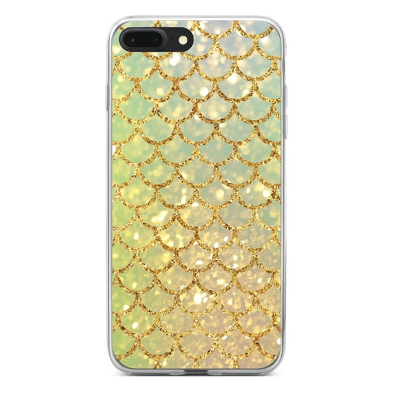 DistinctInk Clear Shockproof Hybrid Case for iPhone 7 PLUS / 8 PLUS (5.5" Screen) - TPU Bumper, Acrylic Back, Tempered Glass Screen Protector - Gold Green Mermaid Scales
