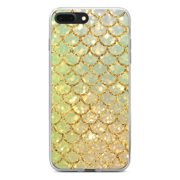 DistinctInk Clear Shockproof Hybrid Case for iPhone 7 PLUS / 8 PLUS (5.5" Screen) - TPU Bumper, Acrylic Back, Tempered Glass Screen Protector - Gold Green Mermaid Scales