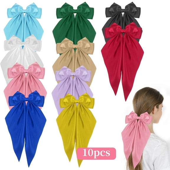 TSV 10 PCS Large Hair Ribbon Barrettes for Women, Colorful Oversized Bow Hair Clips with Long Tails
